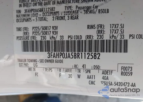 2011 Ford Fusion Sel из США, поврежденный, VIN 3FAHP0JA5BR112582